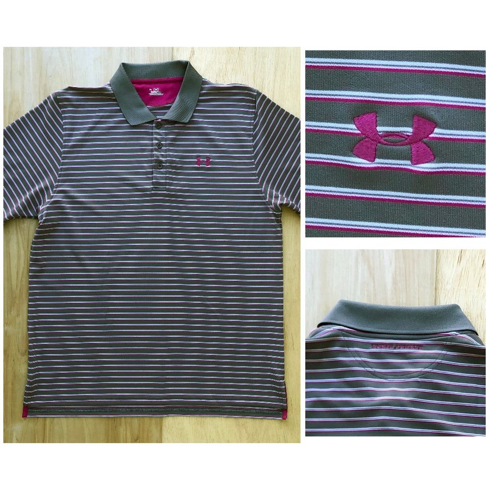 UNDER ARMOUR HEAT GEAR Men's Gray Striped Short Sleeve Polo Shirt sz XL